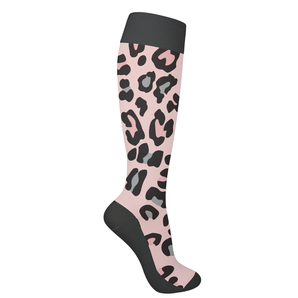 Stödstrumpor, rosa- svart med leopardfläckar, 37-39