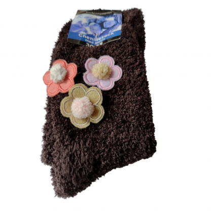 Chenillesock, bruna med blommor, 30-35