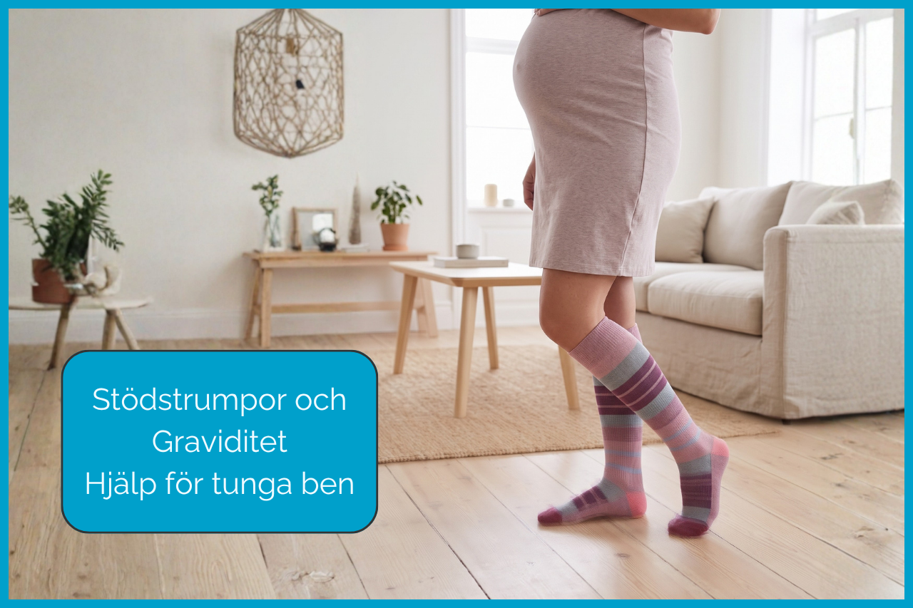 Gravid kvinna med stödstrumpor